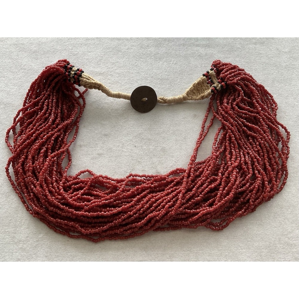 vintage multi-strand red seed bead statement necklace Estate Jewelry